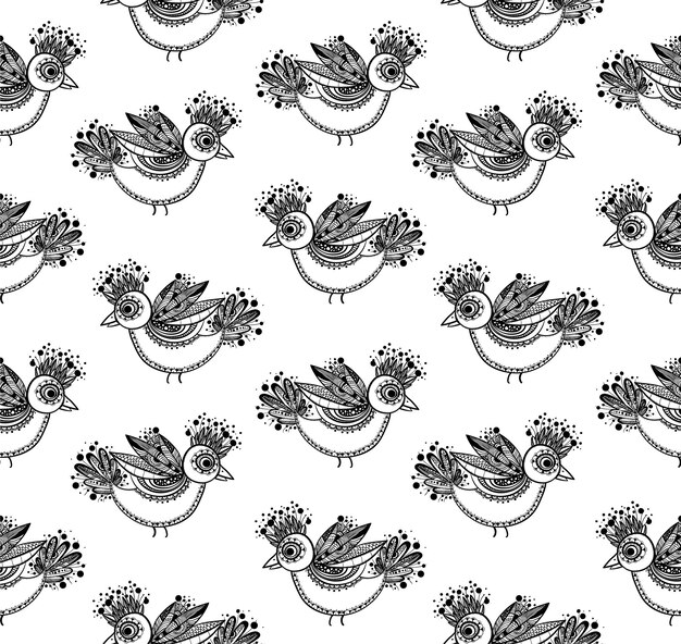 Bird seamless pattern. Black and white doodle for coloring book on white background.