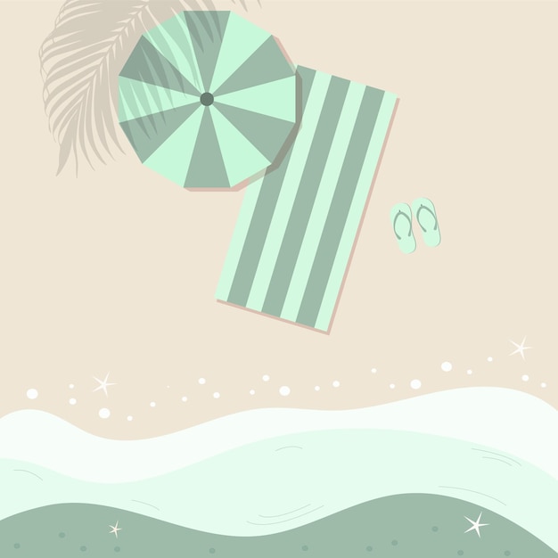 Вектор Вид с высоты птичьего полета на пляж с зонтиком и пляжным полотенцем векторная иллюстрация