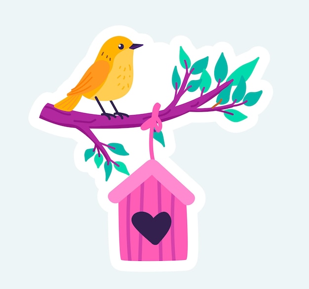 Bird sits on tree branch by wooden birdhouse Spring nature season