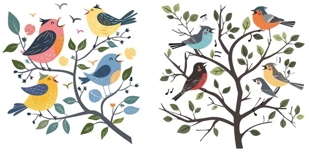 Bird songs Singing birds friends on tree branches