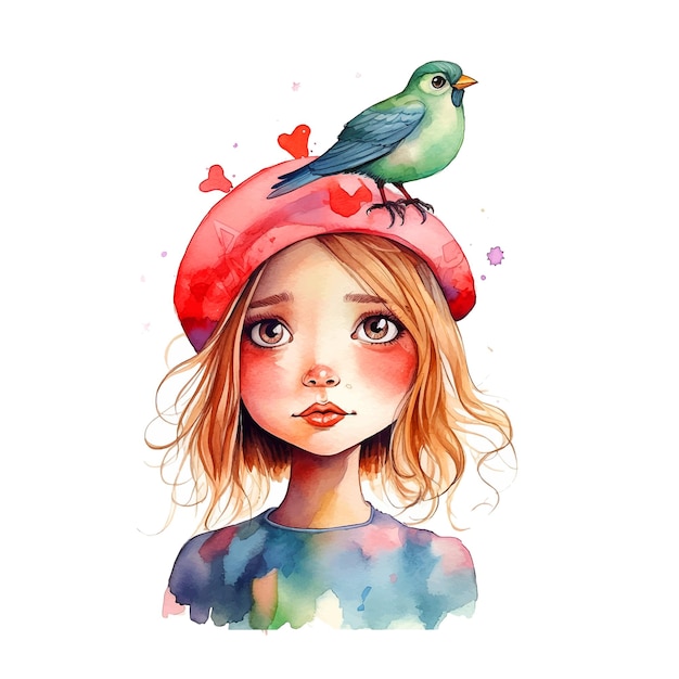 ベクトル 花の花輪を持つ少女の頭の上に立つ鳥 水彩絵の具