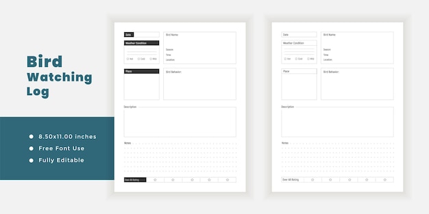 Vector bird watching log journal and minimalist planner