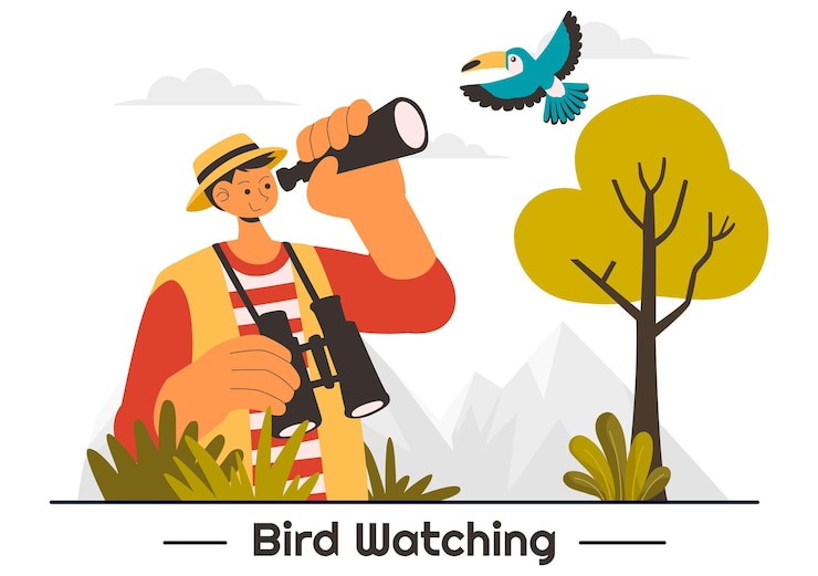 Vector bird watching vector illustration featuring people observing bird in nature with a zoologist or naturalist in a park or forest setting in a background