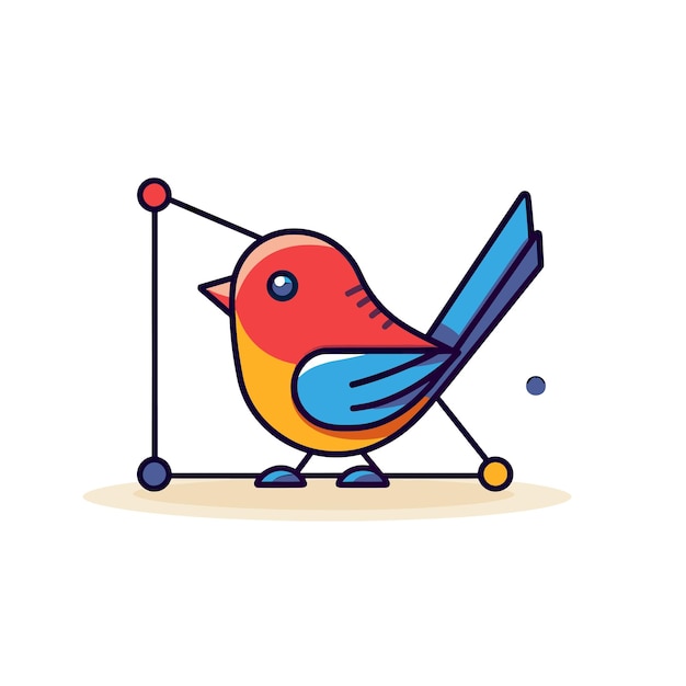 A bird with a blue tail sits on a golf ball and has a red and yellow bird on it.