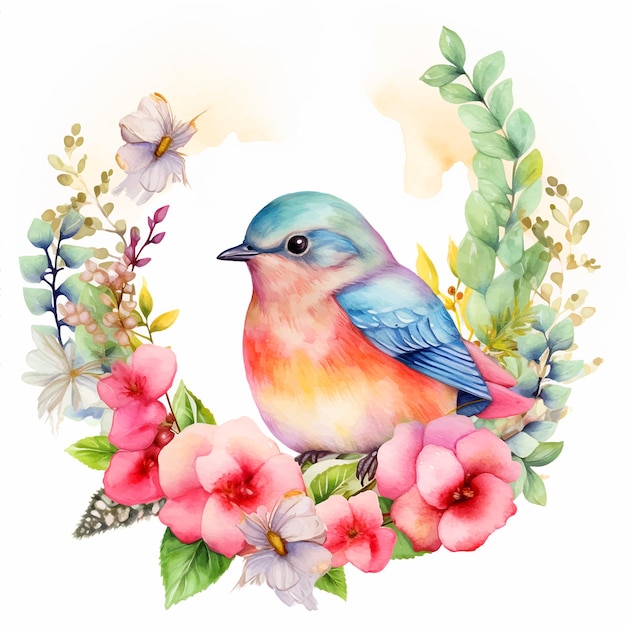 Bird with flower crown watercolor paint