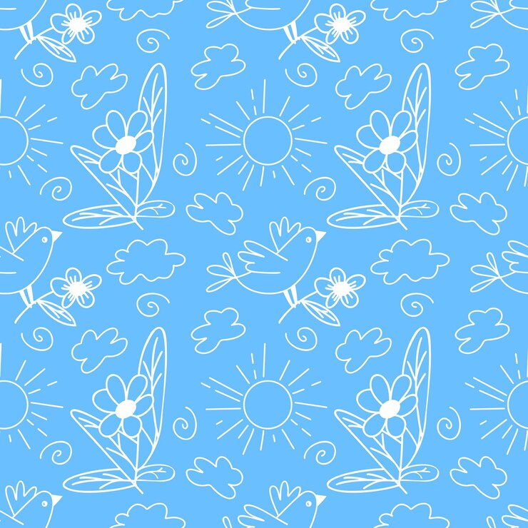 वेक्टर bird with a flower sun and clouds vector seamless pattern isolated on a blue background