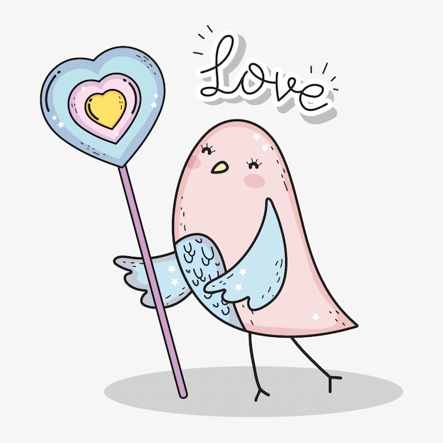 Bird with heart lollipop to happy valentines day