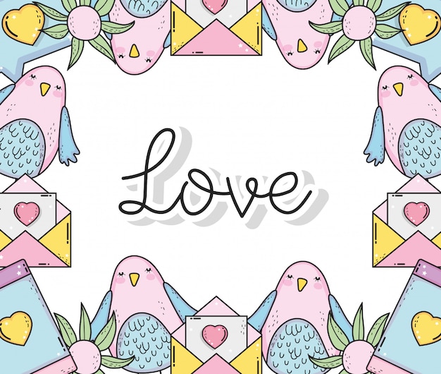 Bird with love card and smartpphone with flowers background