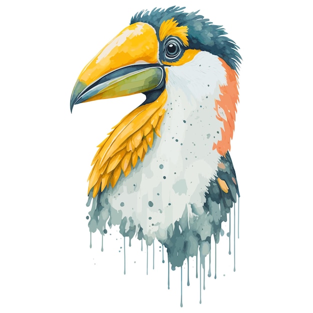 A bird with a yellow beak and blue eyes is painted on a white background.