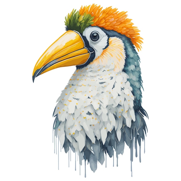 A bird with a yellow head and a yellow beak is painted on a white background.