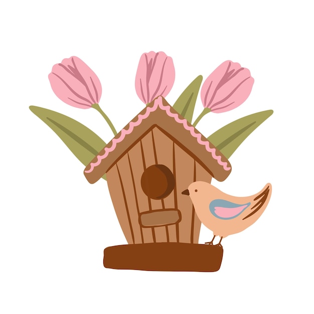 Birdhouse with flowers and birds Spring nature