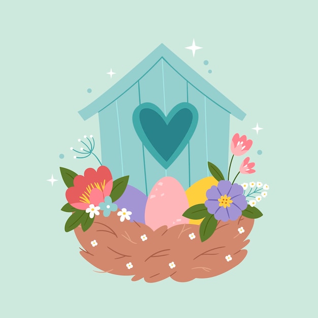A birdhouse with a nest and Easter eggs Spring composition in pastel colors