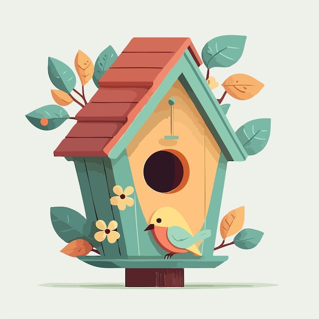 Vector a birdhouse with a yellow bird on the roof and leaves around it.