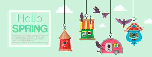 Vector birdhousesflying birds banner. hello spring. nesting boxes to hang on tree.