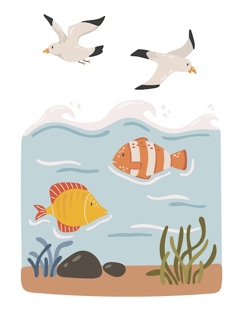 Vector birds and the aquatic world kids illustration