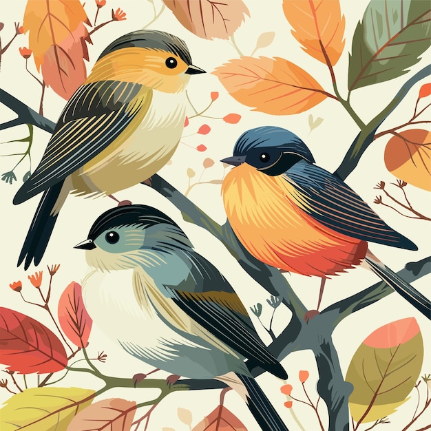 鳥と秋の葉 ベクトルイラスト