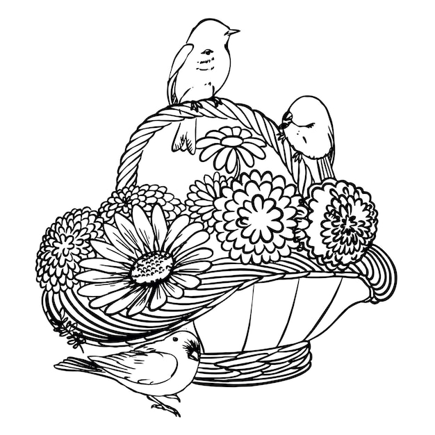 Birds on a basket of flowers