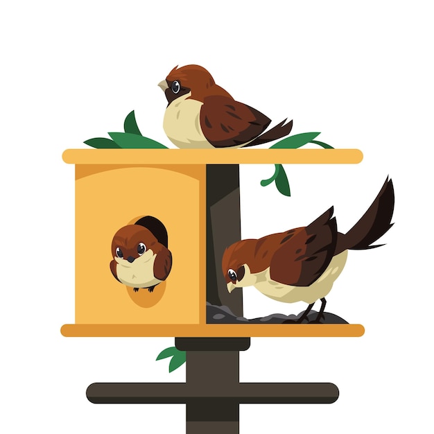 Vettore uccelli nell'alimentatore per uccelli personaggi caricaturistici carini che si nutrono di semi in un alimentatore di legno uccelli selvatici nell'habitat all'aperto illustrazione vettoriale