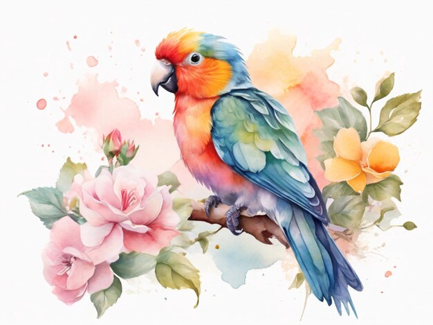 birds and blooming flower watercolor