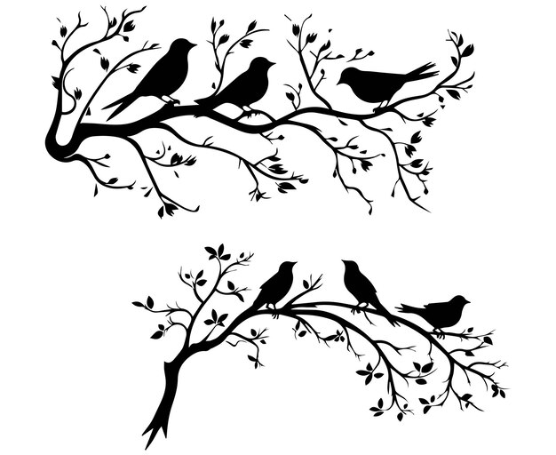 Vector birds on branch black silhouette