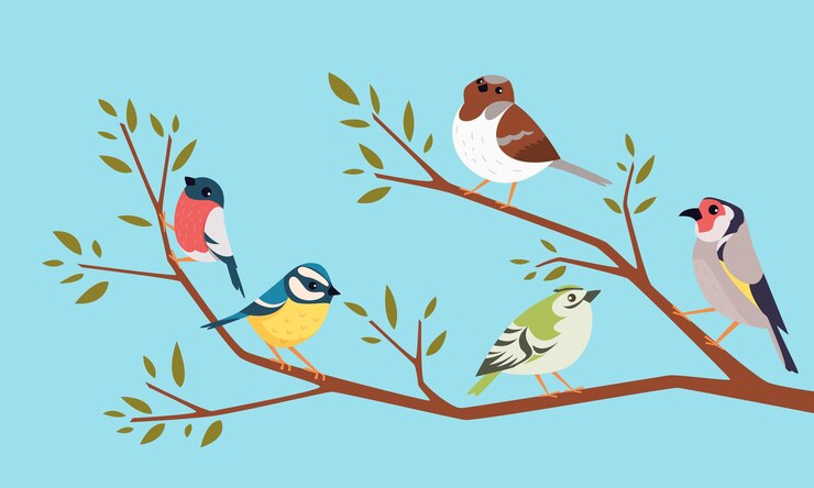 Vector birds on a branch cartoon animals sitting on branch funny pigeons and sparrows exact vector background