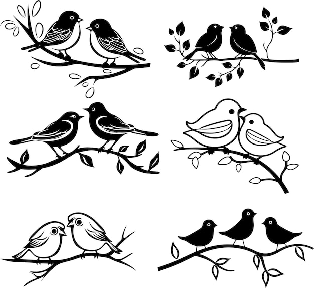 birds on branch silhouette vector illustration