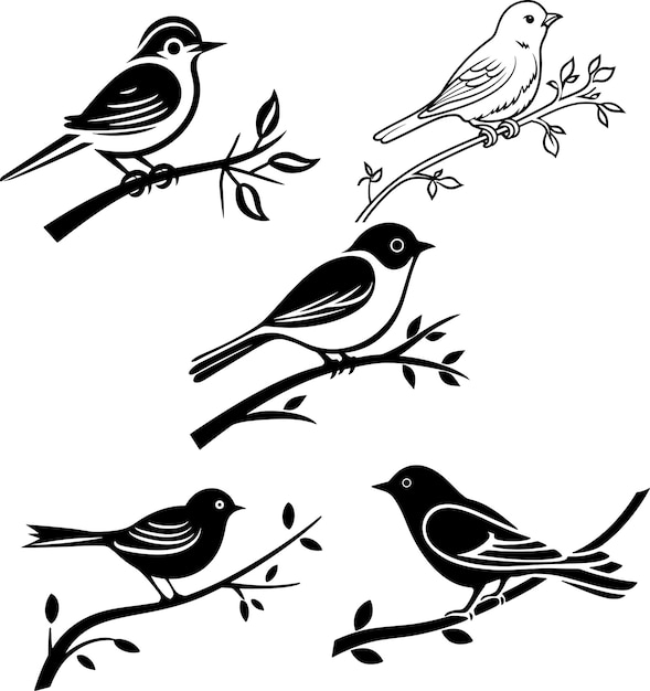 birds on branch silhouette vector illustration