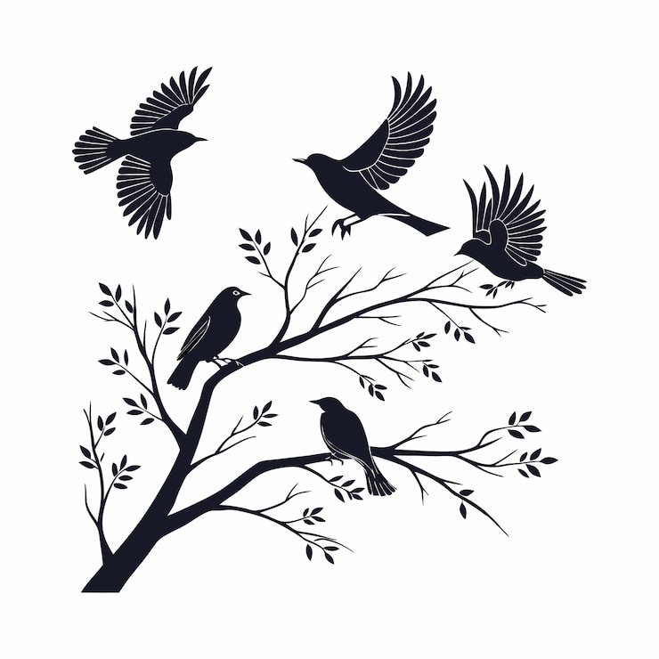 Vector birds on a branch silhouette