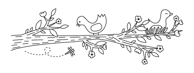 Vector birds on a branch with flowers vector illustration