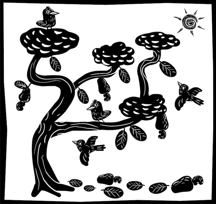 Vector birds in cashew tree illustrations in the typical woodcut style of cordel literature