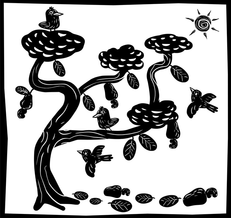 Vector birds in cashew tree illustrations in the typical woodcut style of cordel literature