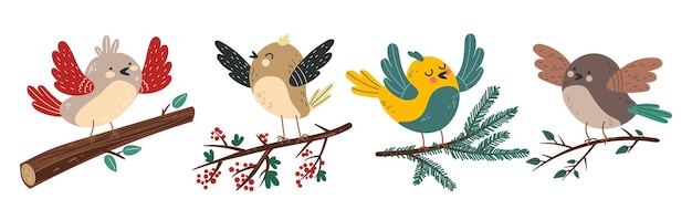 Birds characters sitting on branches isolated set