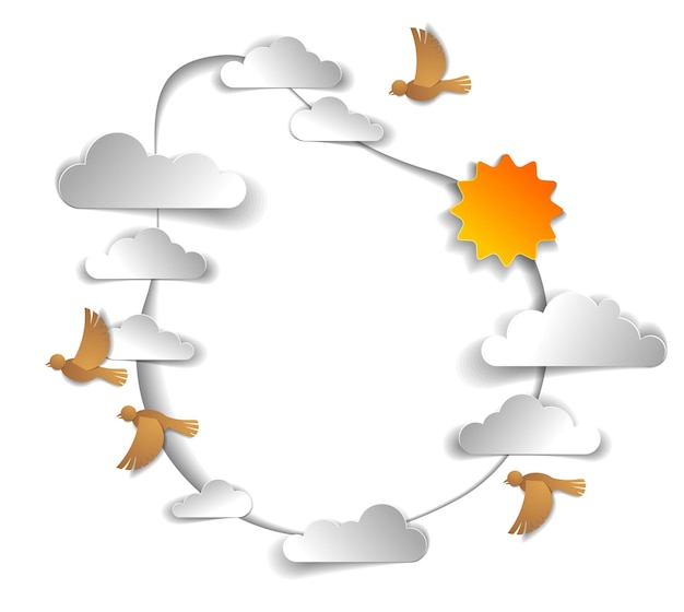 Gli uccelli si affollano volando tra belle nuvole e sole nel cielo, sfondo o cornice con spazio di copia per testo, facilità estiva e sensazione di pace, illustrazione vettoriale in stile bambini tagliati su carta.