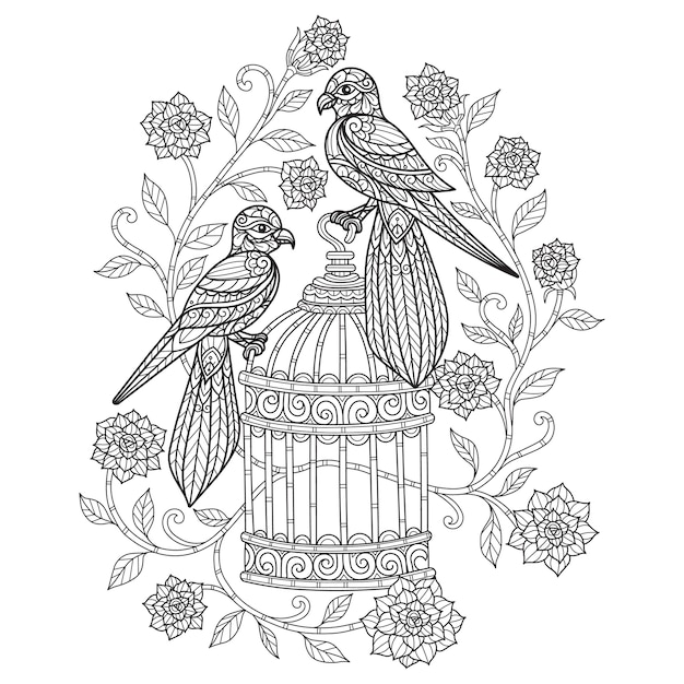 Birds and flower. Hand drawn sketch illustration for adult coloring book.