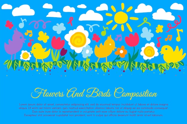 Birds and flowers flat banner with copyspace