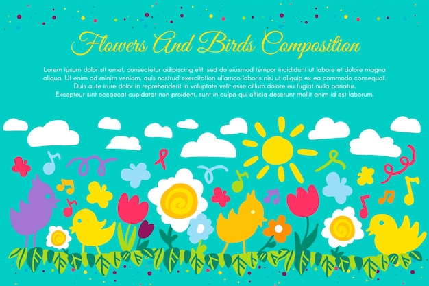 Vector birds and flowers flat banner with copyspace