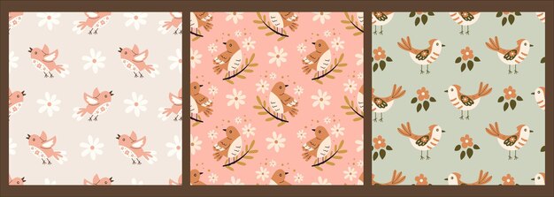 Birds and flowers seamless patterns set