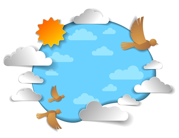 Birds flying in the sky among beautiful clouds and sun, summer cloudscape, vector illustration in paper cut kids style.