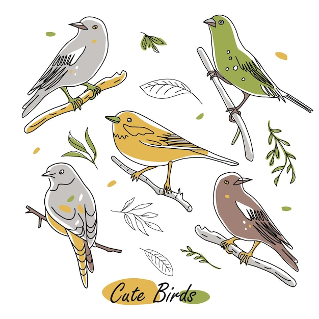 鳥自然動物イラストかわいい手描き鳥落書きのコレクション白いベクトル画像にミニマリズムのラインスタイル