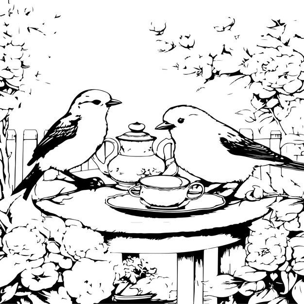 Vector birds sitting in a garden coloring page