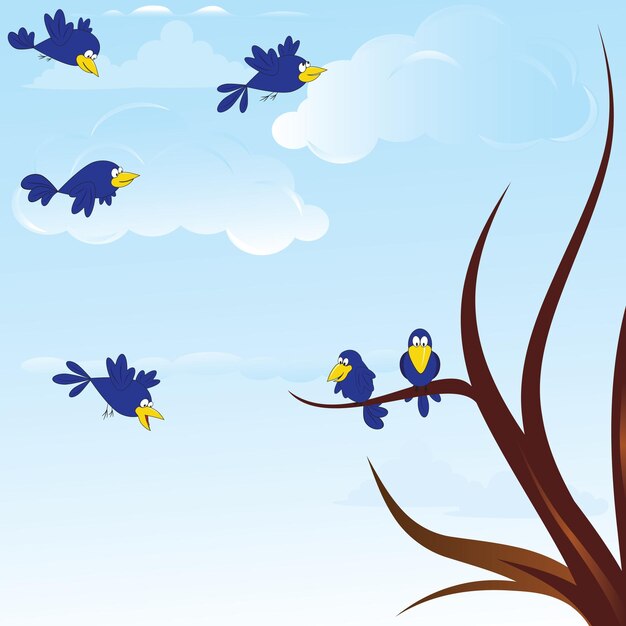 Birds on sprin tree natue cartoon vector