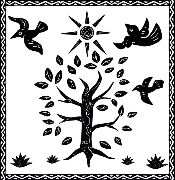 Vector birds surrounding a tree woodcut style