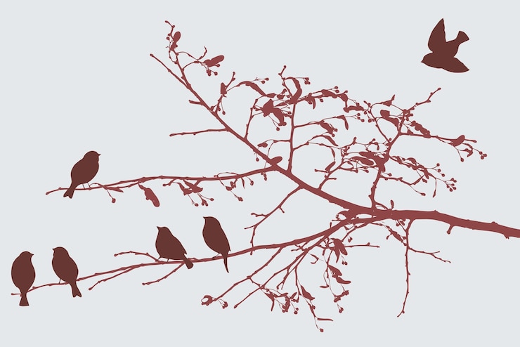 Vector birds on tree branches in autumn park