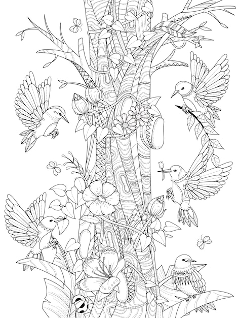 Birds with floral elements adult coloring page