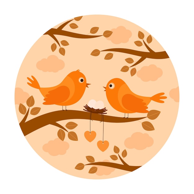 Birds with nest eggs on branch, vector illustration