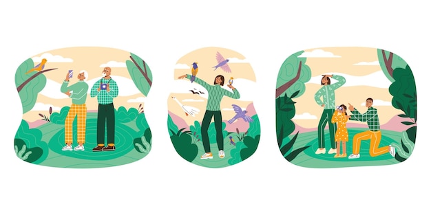 Birdwatching or ornithology flat vector illustration People have ecofriendly hobby outdoor activity