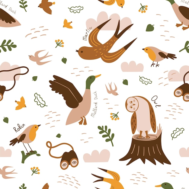 Birdwatching seamless pattern birding print birds flying in\
nature background duck robin owl martin birds illustration vector\
wildlife wallpaper bird watching ornithology bird watcher\
concept