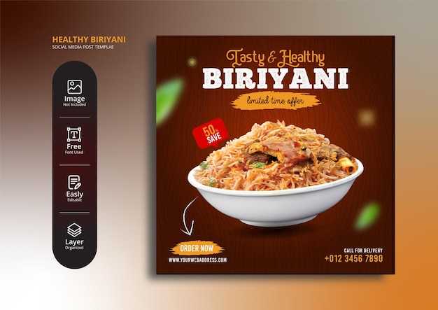 Vettore menu di cibo biriyani e ristorante banner sui social media o modello di post instagram