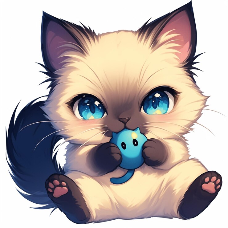 Бирманская кошка играет с игрушечной мышью
