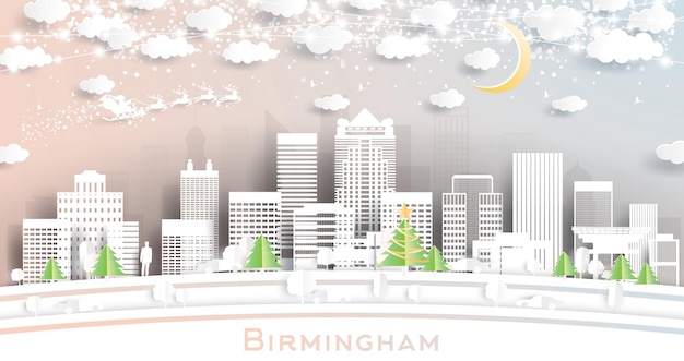 Горизонт города Бирмингем, Алабама, США, в стиле вырезки из бумаги со снежинками, луной и неоновой гирляндой